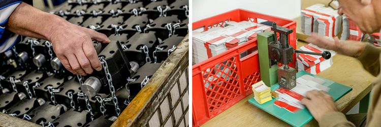 Fertig montierte Garagentorantriebe - Ein Mitarbeiter prägt Chargennummern in Verpackungskartons